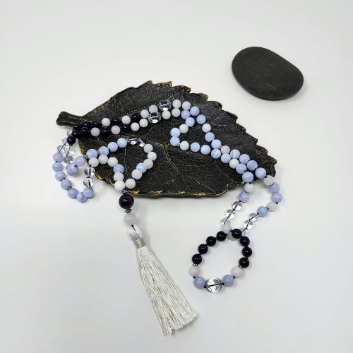 Knotted 108 Blue Lace Agate, White Jade & Amethyst Mala Necklace