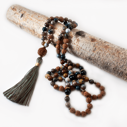 Knotted Ocean Jasper & Rudraksha Mala Necklace