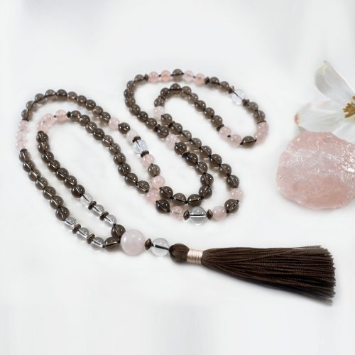 Knotted Smokey Quartz Mala Necklace with Rose and Clear Quartz