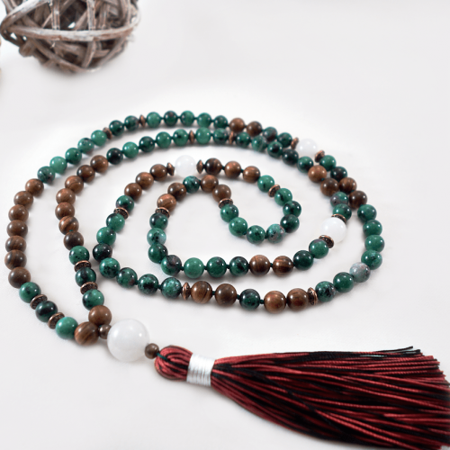 Knotted Ruby Zoisite & African Sandalwood Mala Necklace
